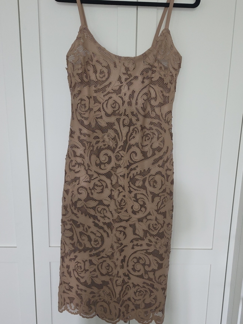 Lagence Kazuko Laser Cut Midi  Dress with Scalloped Hem In Cappuccino